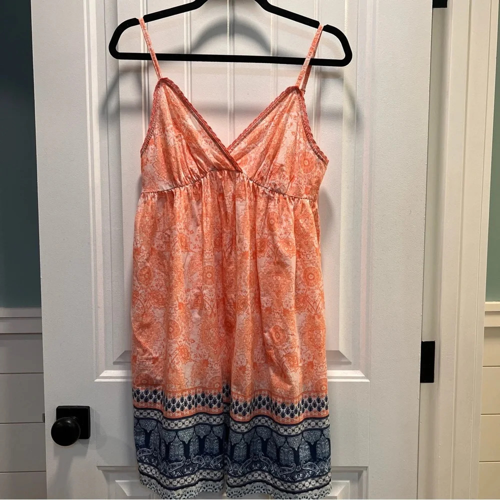 Van Winkle & Co. Peach & Blue‎ Spaghetti Strap Cotton Dress. Size Small.